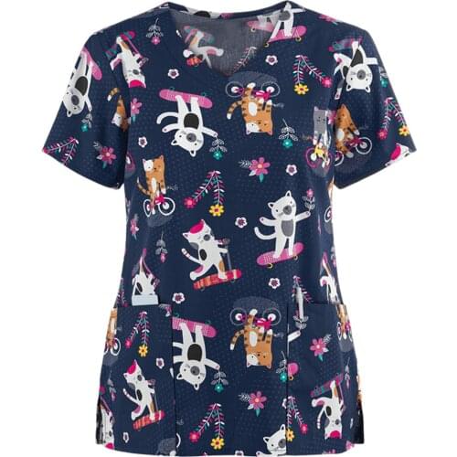 Animal Nurse Uniform Women Short Sleeve V-neck Tops Working Uniform Cartoon Print Nurse Accessories Uniforme Enfermera Mujer
