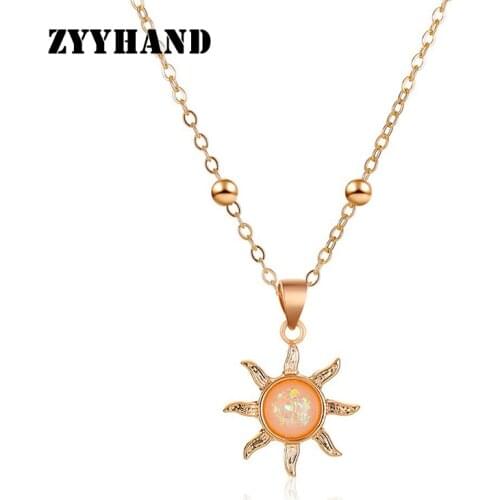 Golden Color Fake Opal Sun Pendant Necklace Women Beads Cross Chain Synthetic Stone Lady Neck Jewellery