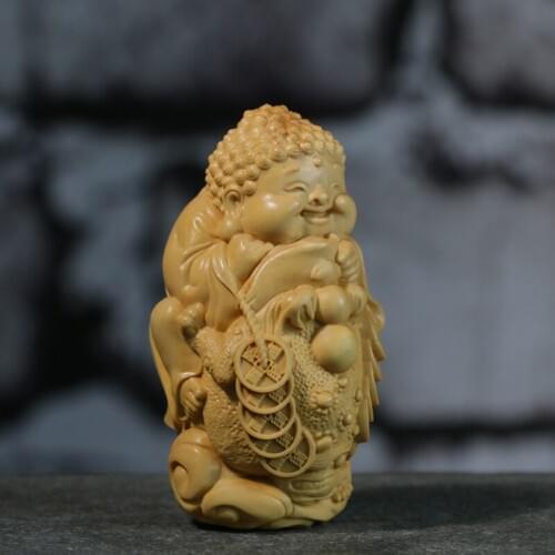 8CM Lucky Rich Toads with Monk Wood Frogs Golden Buddha Statue Animal mascot Home Decor Boxwood Carving