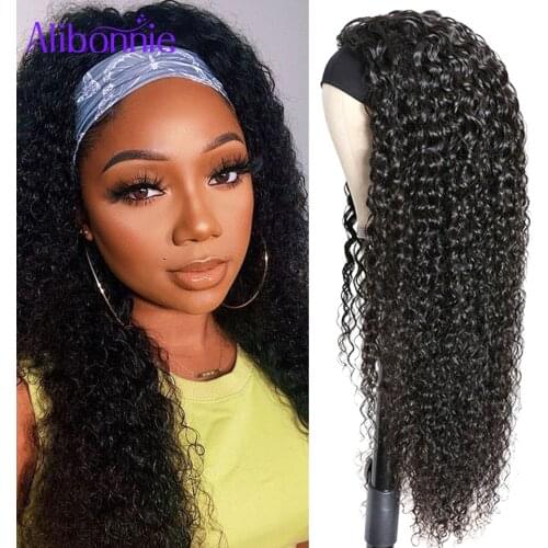 Alibonnie Jerry Curly Headband Wig Human Hair Wigs For Black Women Brazilian Scarf Wig Glueless Natural Color Remy Hair Wigs