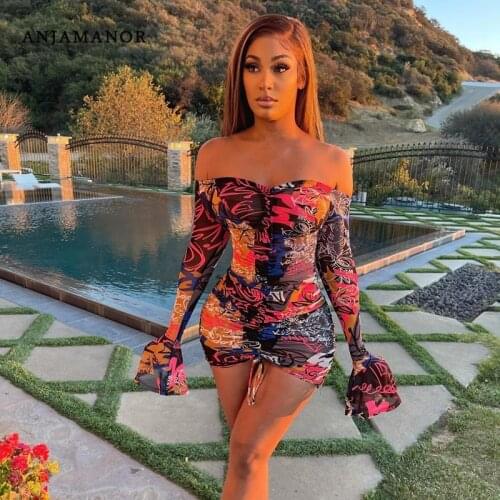 ANJAMANOR Print Sheer Mesh Mini Dresses for Women 2021 Clubwear Drawstring Ruched Off Shouder Long Sleeve Bodycon Dress D63-CD25