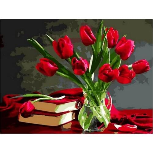 Frameless diy painting by numbers flowers painting diy picture by numbes for home decor 4050cm red tulip