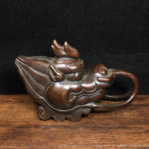 Home Decor 7"Tibet Buddhism Temple Old Bronze Cinnabars Chinese dragon statue Faucet jug teapot kettle Town House