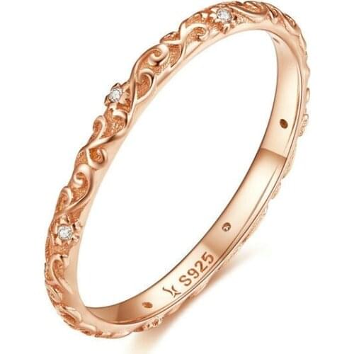 EAMTI Vintage Vine Pattern S925 Sterling Silver Ring Female Rose Gold Plated Fashion Inlaid Zircon Jewelry