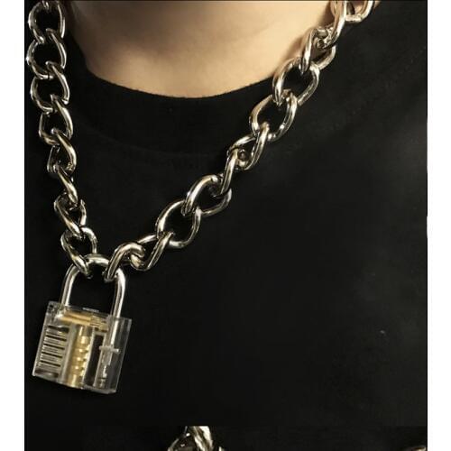 Men Women Unisex Metal Chain Choker Necklace Mechanical Steampunk Transparent Clear Square Lock and Key Choker Collar