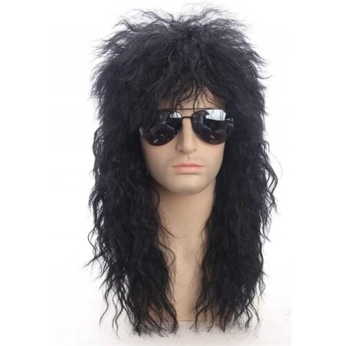 Men Cosplay Heavy Metal Wig Long Synthetic Hair Extension Wig Black Color Punk Puffy Headgear for Halloween Cosplay Props