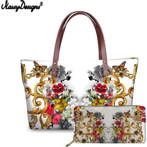 Noisydesigns Purses and Handbags For Women 2Sets Golden Flower Designs Ladies Fashion Top-Handle Tote Bags Bolsos Mujer Dropship