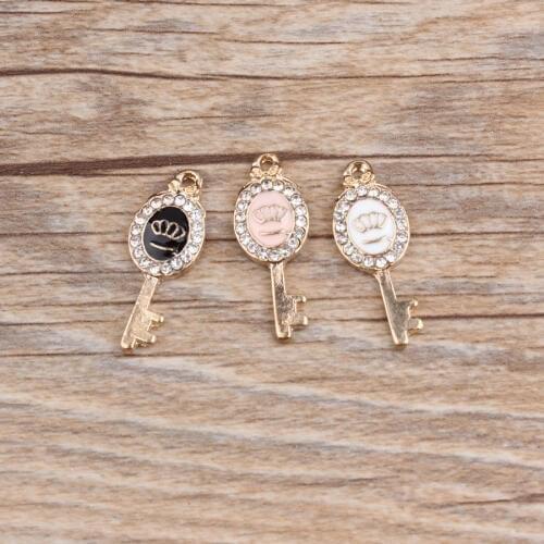 MRHUANG 10pcs/pack Crown Key Rhinestone Enamel Charms Alloy Oil drop Pendant fit for bracelet DIY Fashion Jewelry Accessories