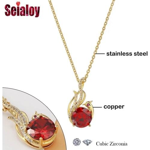 Seialoy New Fashion Korea Gold Red CZ Phoenix Bird Pendant Necklace For Women Girls Stainless Steel Chain Clavicle Chain Gift
