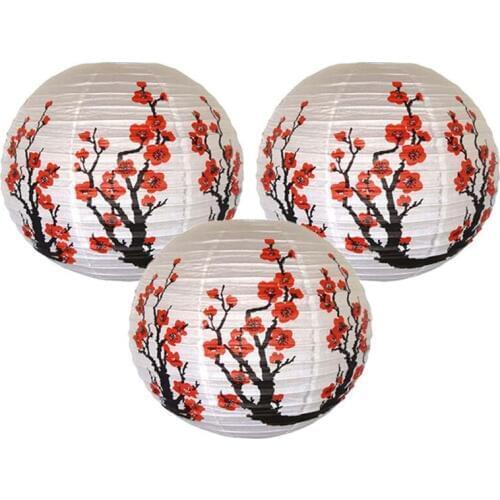 Professional Set Of 3 Red Sakura Cherry Flowers White Color Chinese Japanese Paper Lantern Lamp 16 Inch Diameter Set Of 3