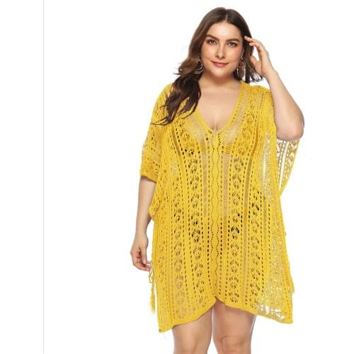 Plus Size Beach Dress Tunic Solid Mesh Bikini Cover UP Swimsuit Loose Beachwear Swimwear Coverups for Women Dress Robe De Plage