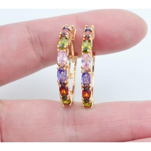 Gold Color Women Fashion Multicolor Oval Cubic Zirconia CZ Huggie Hoop Earrings Jewelry