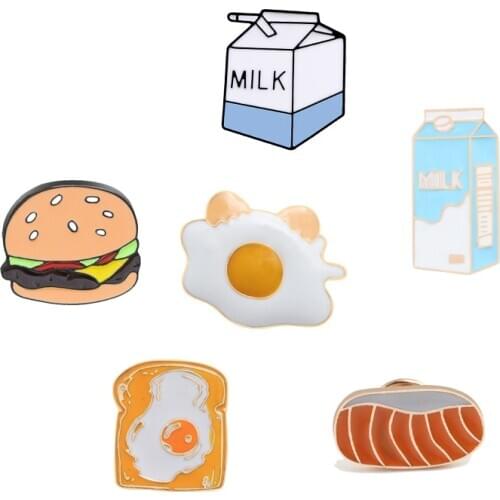 Funny Breakfast Food Pins Collection Cute Cartoon Peanut Butter Toast Bread Milk Egg Brooches Coat Shirt lapel Pins Friend Gifts