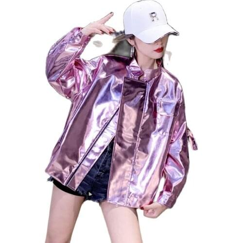 Fried Street Glossy Locomotive Leather Jacket Womens Spring Autumn 2021 Korean Loose Short BF Wind Jackets Girls Tops f996