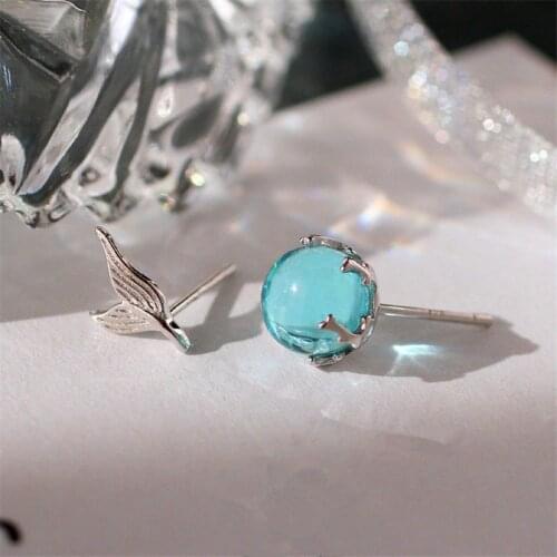 925 Sterling Silver Asymmetry Crystal Mermaid Stud Earring For Women Wedding Ear Pierced Earings Creative Fashion Jewelry jz137