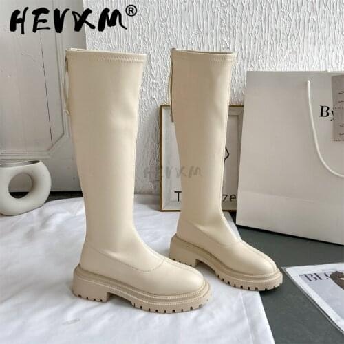 Women Platform Boots 2021 Winter Gothic Shoes Long Boots Women Fashion Black Beige Mid Calf Boots Round Toe Slip on Riding Boots