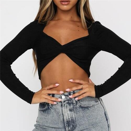 3 Color Women Solid Twist Front Super Short Tops Sexy Fashion Long Sleeve V-Neck High Waist Slim Fit T-Shirts 2021