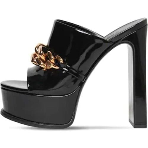 2021 Summer Fashion High heels Women shoes Waterproof Chunky heels Office Lady Mature Metal Decoration Peep toe Slipper Size 43