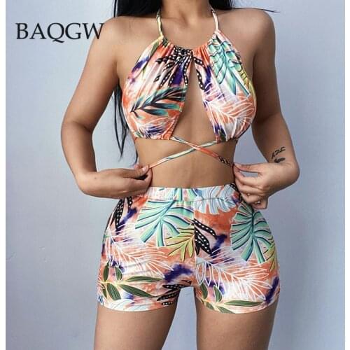 Two Piece Set Women Biker Shorts and Top Suits Sexy Matching Sets Sleeveless Sexy Night Fashion Streetwear Bodycon Beachwear
