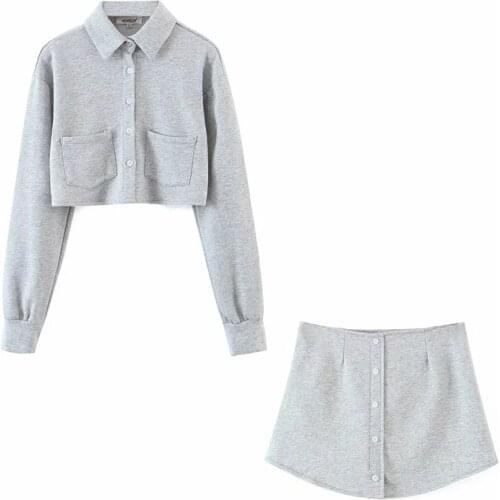 Spring Autumn New 2020 Casual Sports Loose Lapel Short Long Sleeve Top + Single-Breasted A-Line Skirt Trouser Two-Piece Women