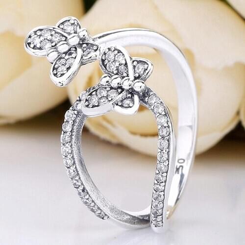 Original Bedazzling Butterflies With Crystal Rings For Women 925 Sterling Silver Ring Wedding Party Gift Fine Pandora Jewelry