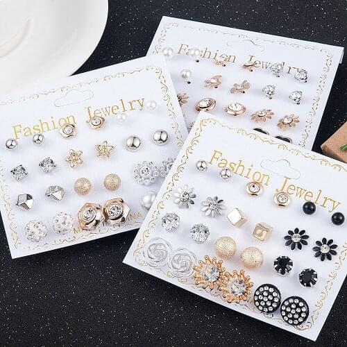 12 Pairs/Set Womens Pearl Flower Crystal Mix Design Studs Earrings Girls Elegant Gold Heart Ear Jewelry Gift Aretes De