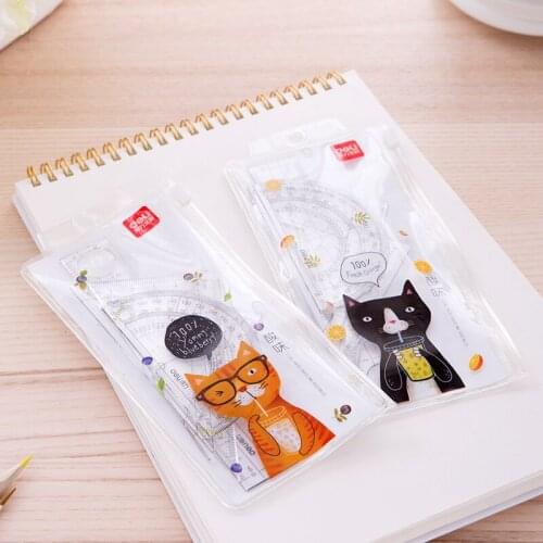 4pcs / set of Deli 71967 cartoon cat multifunctional drawing combination ruler + triangle protractor, student office supplies