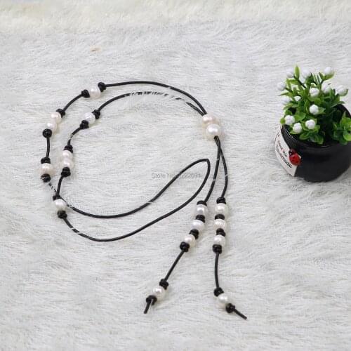 Ambrum Adjustable Women Pearl Leather Necklace,Round Leather Pearl Costume Jewelry,Real Leather Knotted Sweater Necklace Pendant