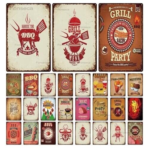 BBQ Signs Vintage Barbecue Metal Plaque Tin Sign Dads BBQ Poster Decorative Metal Plates Room Wall Stickers Bar Pub Home Decor