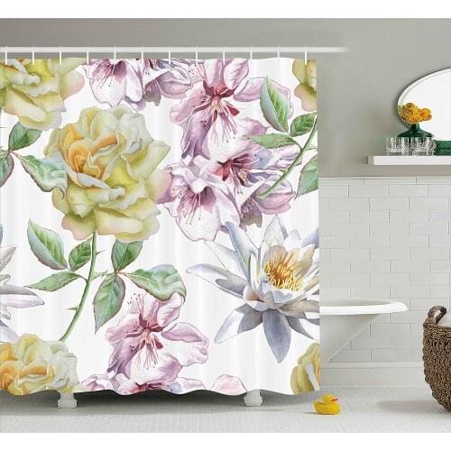 Floral Shower Curtain Rose Petals Sakura Lily Flowers Blooms Romance Florets Design Bathroom Waterproof Curtains