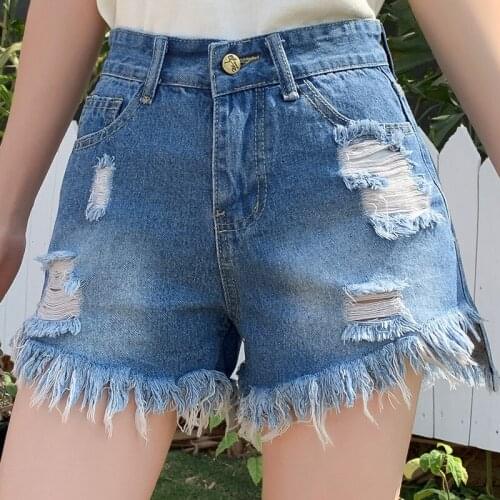 Zoki Women Hole Denim Shortss Plus Size Fashion High Waist Ripped Korean Loose Boyfriend Jeans Causal Pockets Tassel Shortss 5XL
