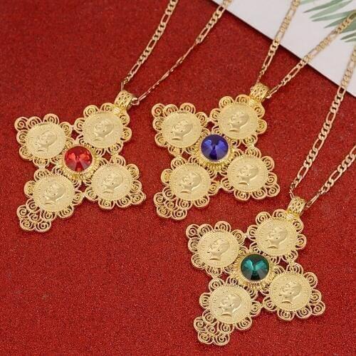 Ethiopian Big Red Blue Green Stone Cross Pendants Necklaces Jewelry African Coin Cross Eritrea Habesha Necklace