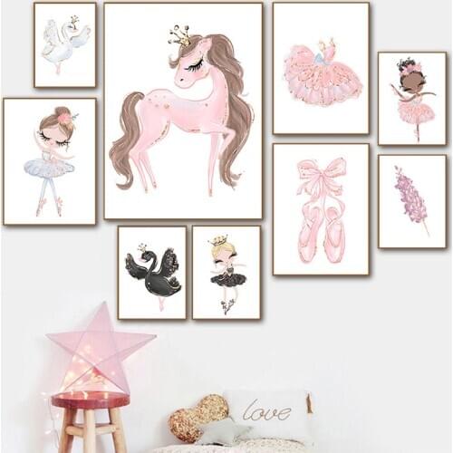Pink Ballet Dancing Girl Canvas Paintings For Children Cartoon Nursery Posters Nordic Girls Prints Bedroom Decor Wall Decoration