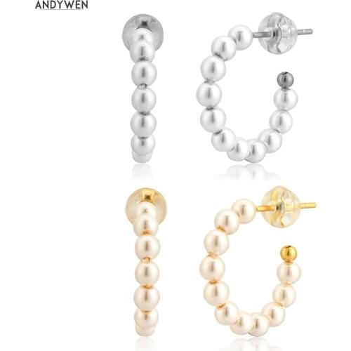 ANDYWEN 925 Sterling Silver Gold Pearl Beads Hoops Women Luxury Crystal Fashion Fine jewelry 2020 Piercing Loops Pendiente