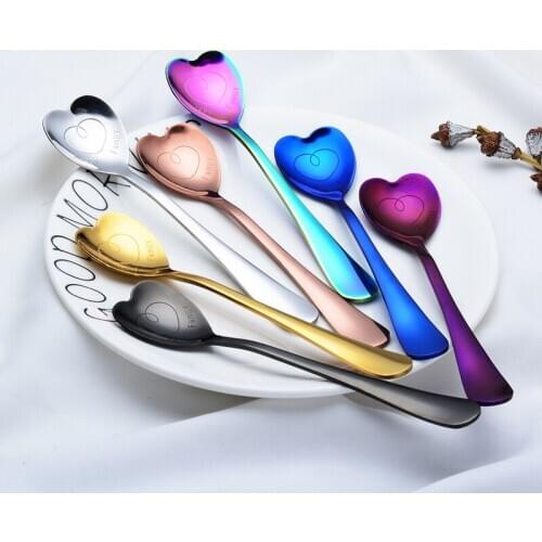 High Quality Heart Shaped Love Couple Spoon Creative Stainless Steel Coffee Tea Dessert Stiring Spoon Rainbow Black 1Pcs