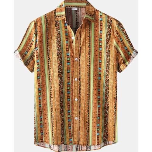 Mens Casual Hawaiian Stripe Print Short Sleeve Button Turn-down Collar Shirt Beach Causal Shirts Retro Shirt Men Dress Clothes