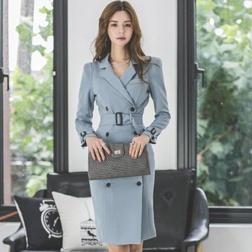 Spring autumn Office Ladies Windbreaker Long Women Slim Dress V-neck Double Breasted Sashes Elegant Female Dress Casual Vestidos