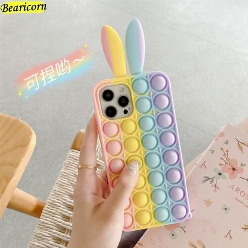 Pop Fidget Toys Push Bubble Silicone Beans Case For iPhone 6 6s 7 8 Plus X XR XS 11 12 Pro Max SE Cartoon Bunny Rabbit Cover