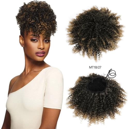 Synthetic Short Curly Chignon Hair Bun Ponytail Extensions Wrap Drawstring Puff Hairpiece for Women with Clips Ombre Blonde