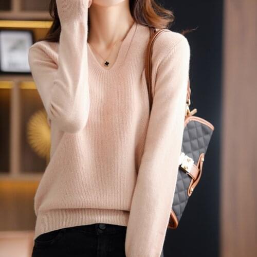 100% Merino Wool Womens V-neck Sweater 2021 Fall/Winter Warm Soft Knit Pullover Womens Thick Slim Cashmere Sweater Pull Femme