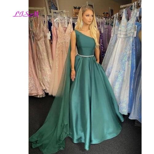 Deep Green Satin Long Pageant Prom Dress One-Shoulder A-Line Formal Dresses 2021 robe de bal femme longue