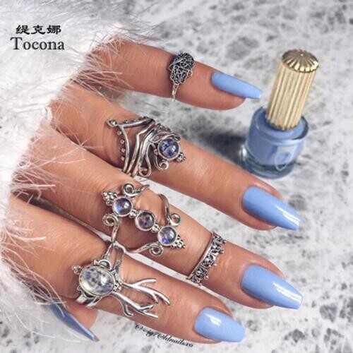 Tocona 6pcs/sets Vintage Silver Color Rings for Women Blue Opal Stone Crown Animal Hand Hollow Carve Geometry Jewelry 9537