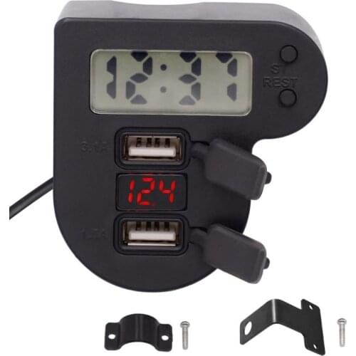 Waterproof 12V 24V Motorcycle Dual USB Charger With Time Clock LED Voltmeter ON OFF Switch Power Adapter for Mobile Phone GPS