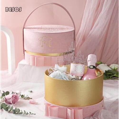 High Quality Pink Black Suede Velvet Bronzing Embossed Round Gift Box Party Activities Wedding Flower Jewelry Packaging Gift Box