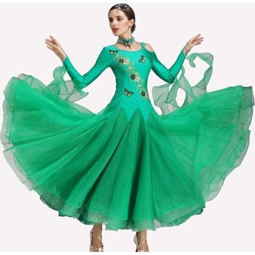 Green ballroom dance competition dresses waltz dance dress fringe luminous costumes standard ballroom dress foxtrot for women