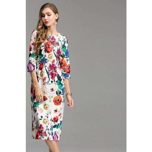 Dresses New 2021 Summer Runway Designer Fashion 3/4 Sleeve Color Flower Printed Vintage Office Lady Knee Length Dress