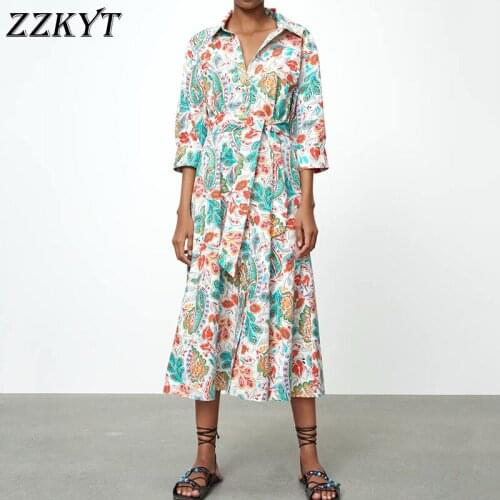 ZZKYT 2021 Women Spring Vintage Floral Print Bow Tie Sashes Midi Dress Fashion Lapel Collar Single Breasted Female Dresses Mujer