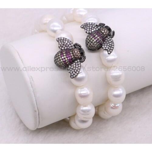 4 Strand Natural pearls bracelet with Micro pave bee charms handcrafted jewelry pearl bangle bracelet gift for lady 2885