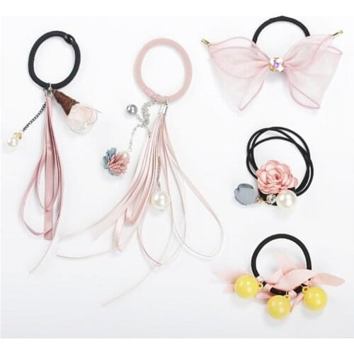 Lovef 5Pcs Flower Ribbon Hair Ties Braider Elastic Ring Rope Beads Hair Bands Hair Styling Braiding Scrunchy Tools Headbands