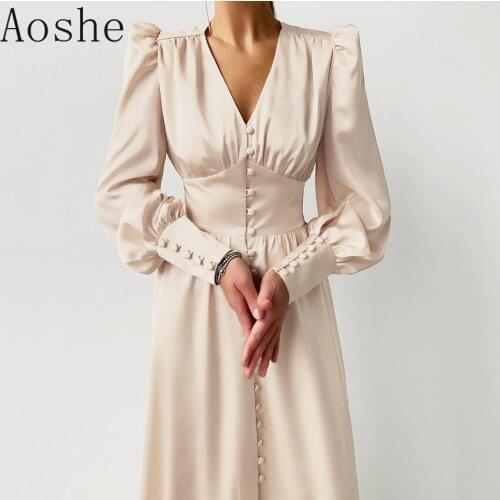 Aoshe Elegant spring satin bishop sleeve a-line dress women V-neck high waist button dress Lady solid Vintage long dresses chic